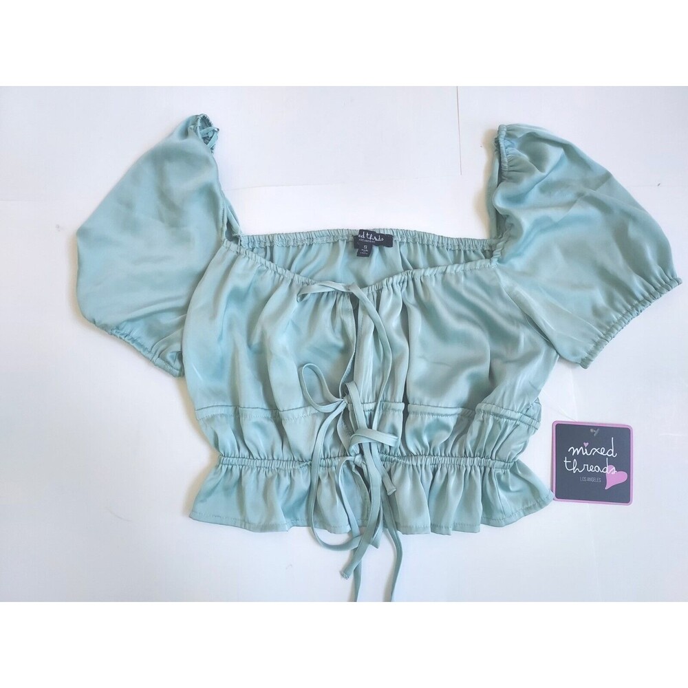 NWT Mixed Threads Mint Green Satin Peasant Style Tie Front Crop Top Size Small
